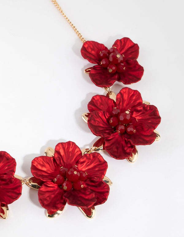 Gold & Red Pearlised Flower Necklace