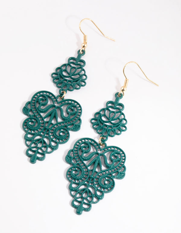 Matte Green Filigree Drop Earrings