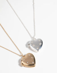 Mixed Metal Diamante Heart Locket Necklace Set - link has visual effect only