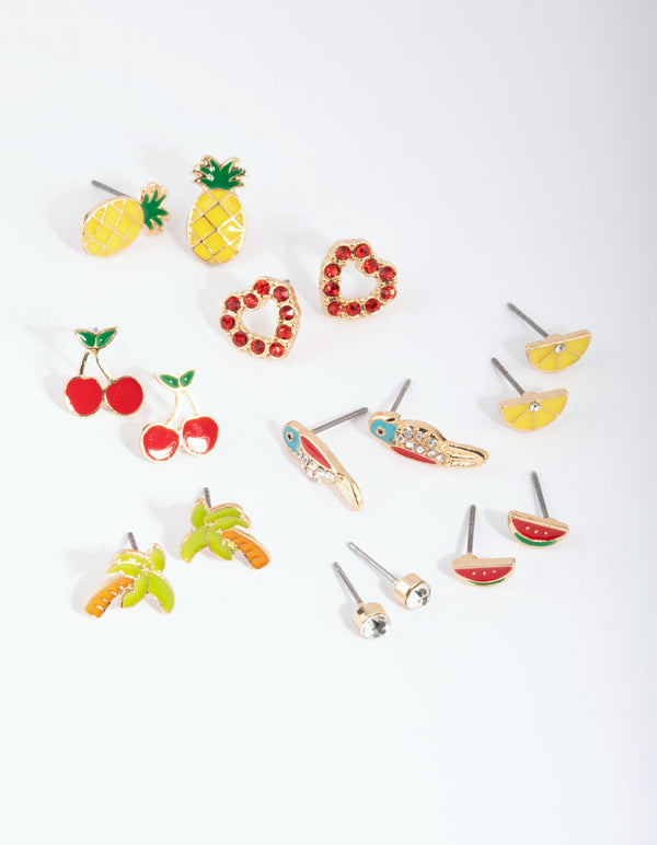 Gold Summer Fruit Stud Earring 8-Pack