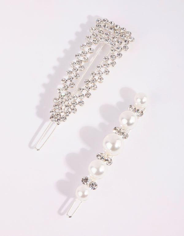 Silver Diamante & Pearl Clip Set