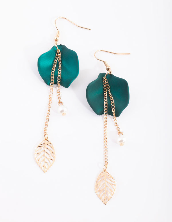 Green Leaf & Pearl Drop Earrings