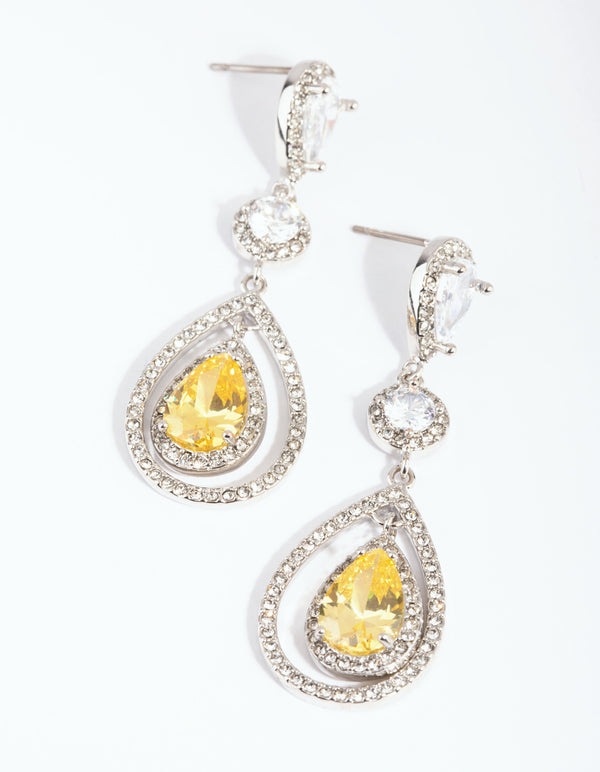 Rhodium Yellow Diamond Simulant Teardrop Earrings