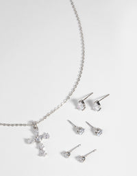 Rhodium Diamond Simulant Cross Necklace & Earrings Set - link has visual effect only