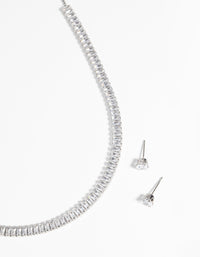 Rhodium Diamond Simulant Baguette Necklace & Earrings Set - link has visual effect only