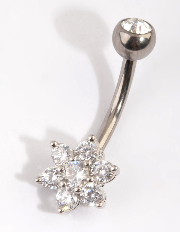 Titanium Diamante Flower Belly Bar