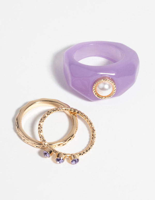 Purple Pearl & Diamante Ring Pack