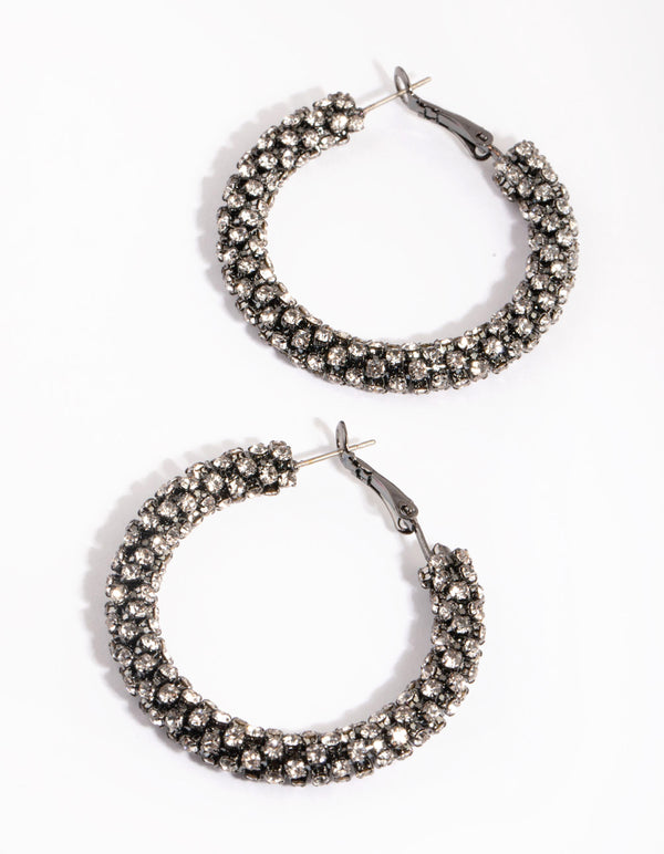 Gunmetal Diamante Hoop Earrings