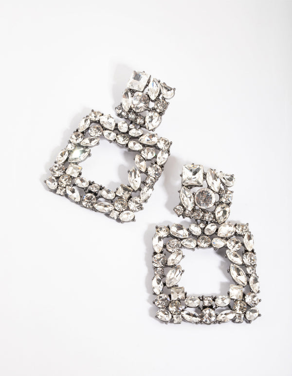 Gunmetal Square-Cut Diamante Drop Earrings