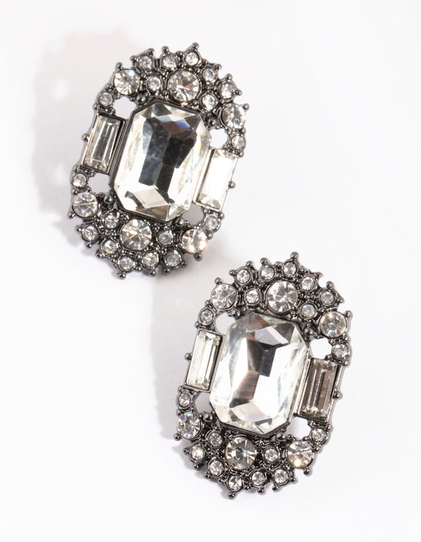 Gunmetal Emerald Cut Stud Earrings