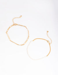 Gold Plated Figaro & Freshwater Pearl Anklet Set - link has visual effect only