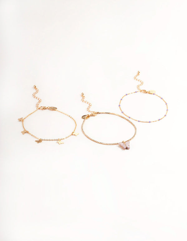 Gold Diamante Butterfly Anklet Pack