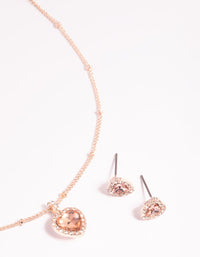 Rose Gold Heart Diamante Halo Necklace & Earrings Set - link has visual effect only