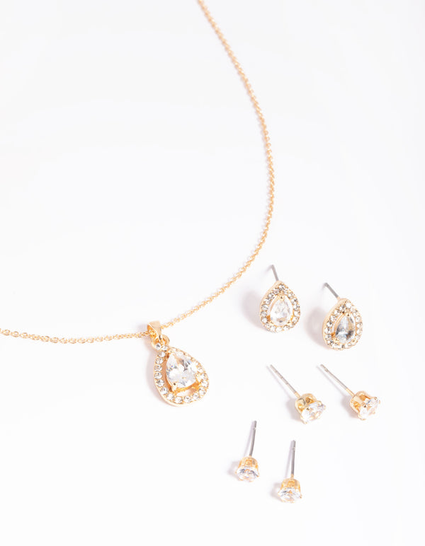 Gold Diamond Simulant Diamante & Pearl Necklace & Earrings Set