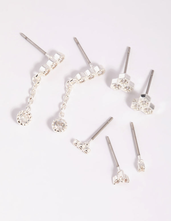 Silver Cubic Zirconia Round Stud Earring 7-Pack