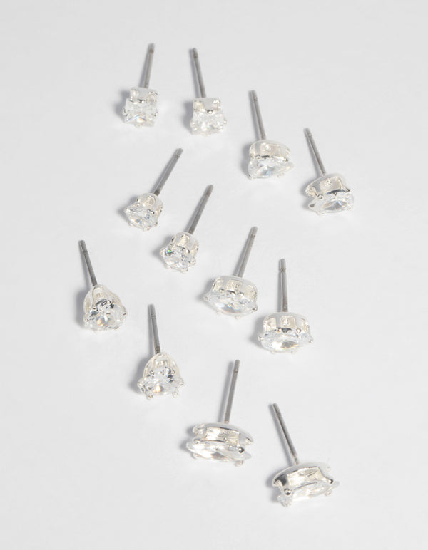 SIlver Cubic Zirconia Stud Earring 6-Pack