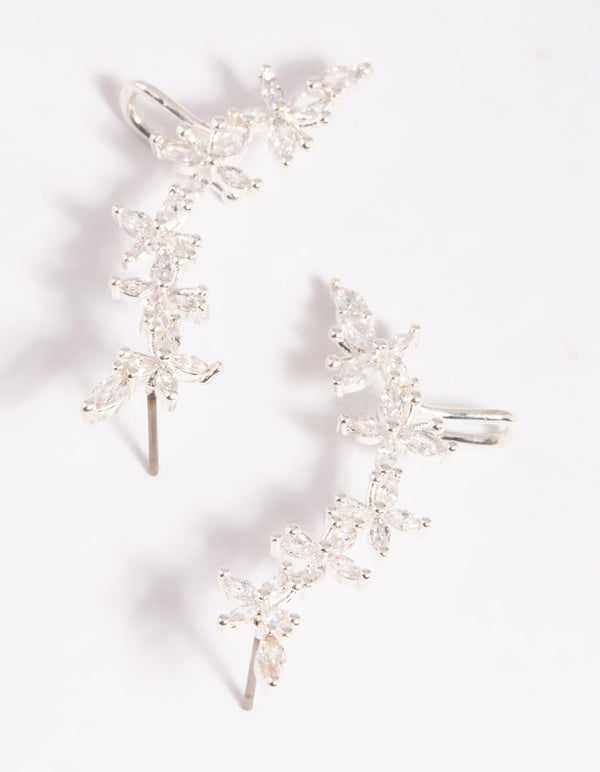 Silver Cubic Zirconia Floral Cuff Earrings