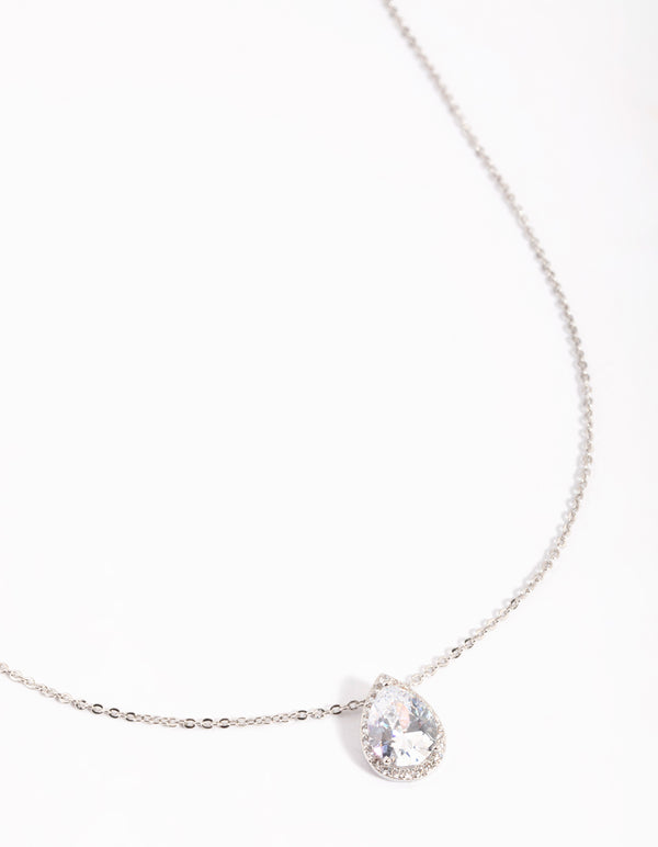 Silver Cubic Zirconia Pear Halo Necklace