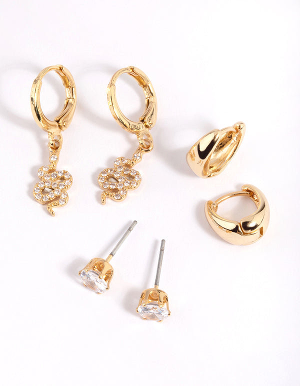 Gold Plated Cubic Zirconia Snake Earring Stack 6-Pack