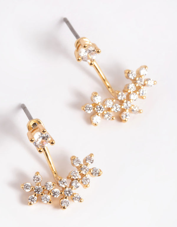 Gold Plated Brass Cubic Zirconia Flower Jacket Earrings