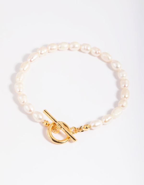 Gold Plated Brass Pearl Fob Bracelet