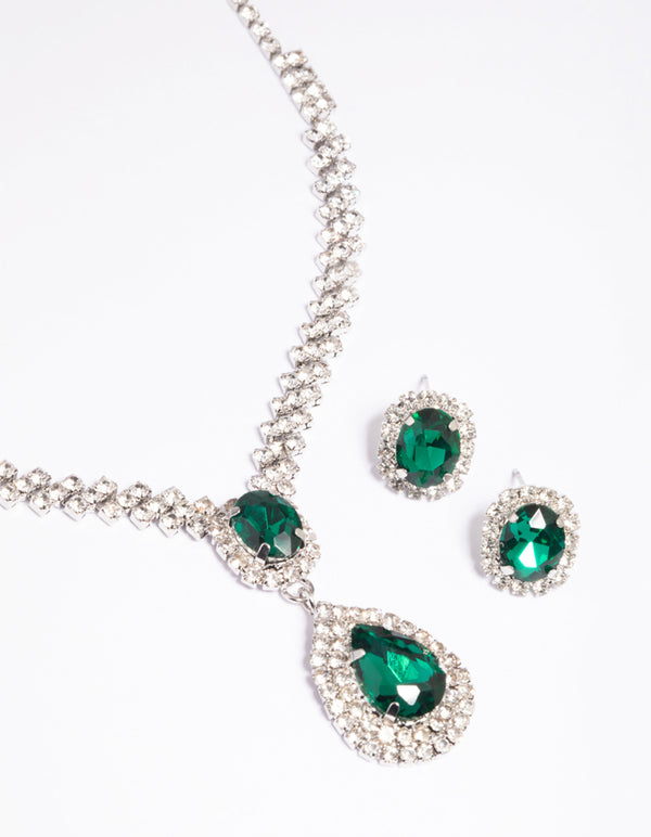 Green Diamante Teardrop Necklace & Earrings Set