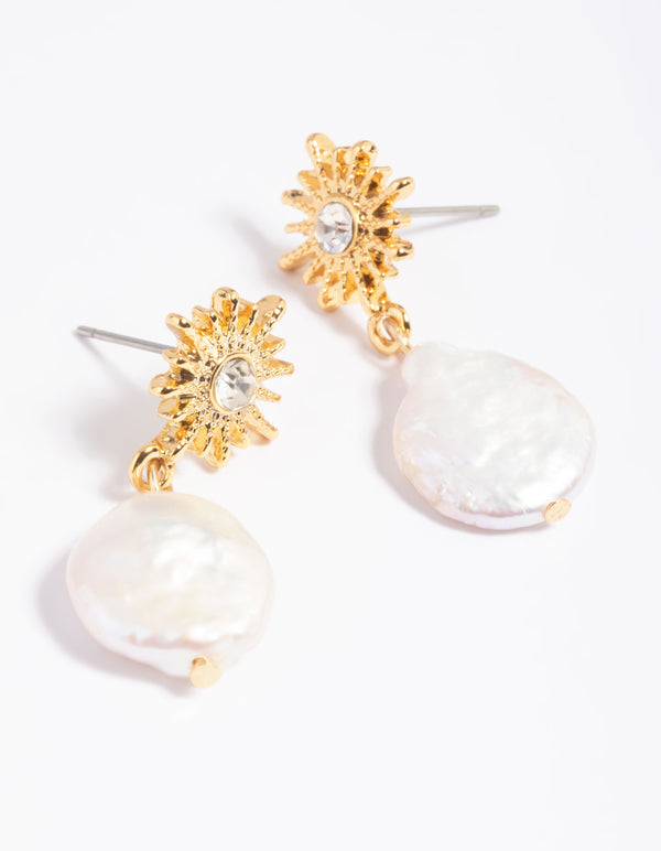 Gold Plated Freshwater Pearl Celestial Drop Earrings