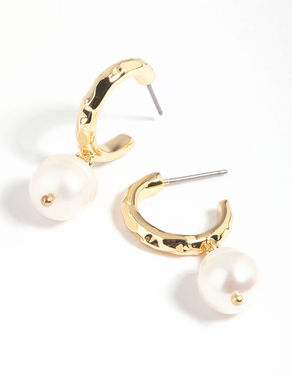 Gold Plated Freshwater Pearl Molten Hoop Earrings