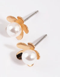 Gold Pearl & Flower Stud Earrings - link has visual effect only