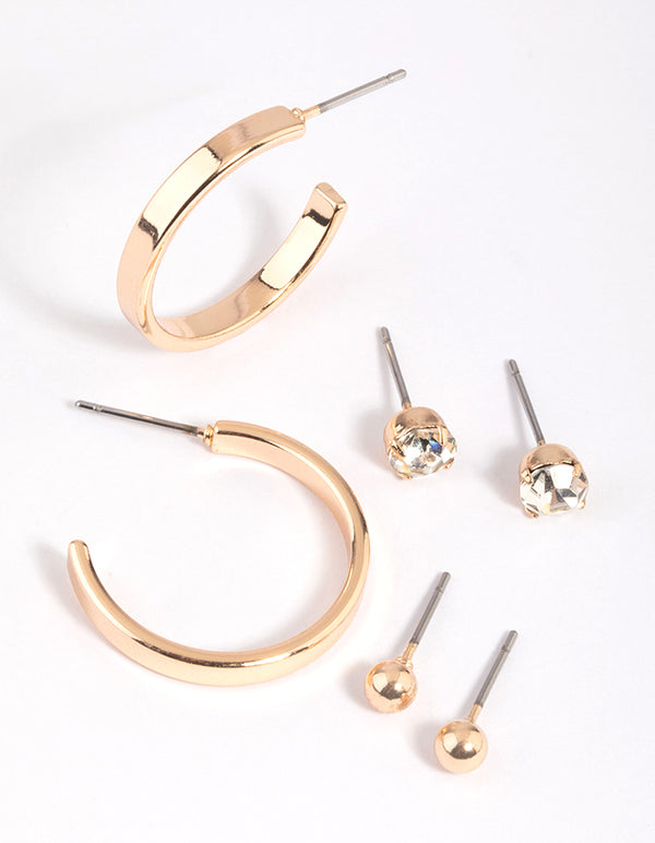 Gold Plain Stud & Hoop Earring Pack