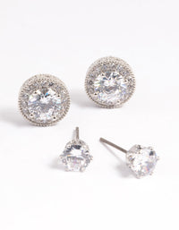 Rhodium Diamond Simulant Stud Earring Set - link has visual effect only