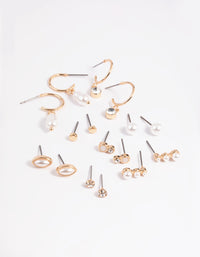 Gold Mixed Pearl Stud & Huggie Hoop Earring 8-Pack - link has visual effect only