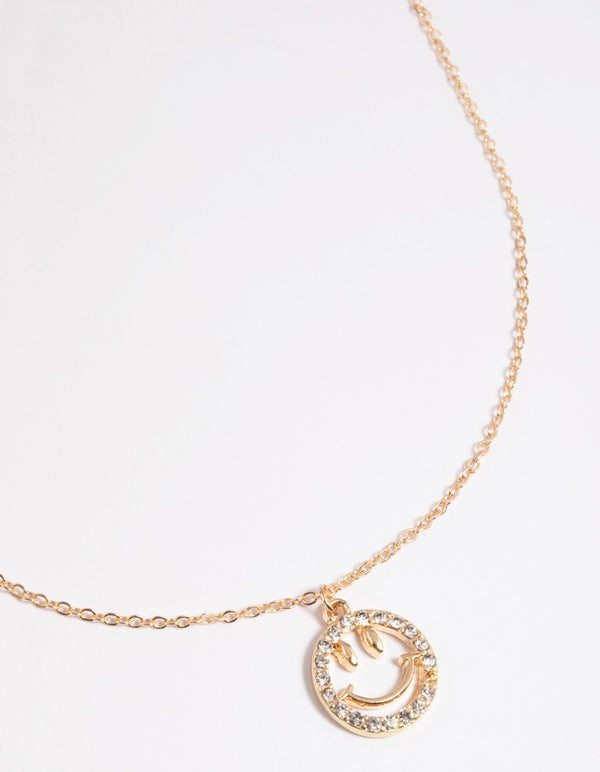 Gold Diamante Smiley Face Necklace