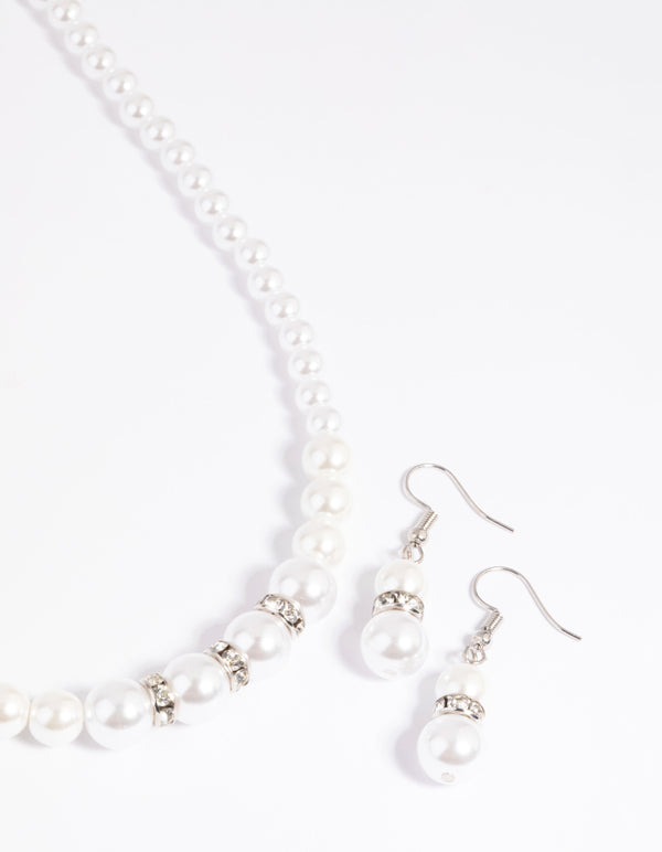 Silver Pearl Diamante Necklace & Earrings Set