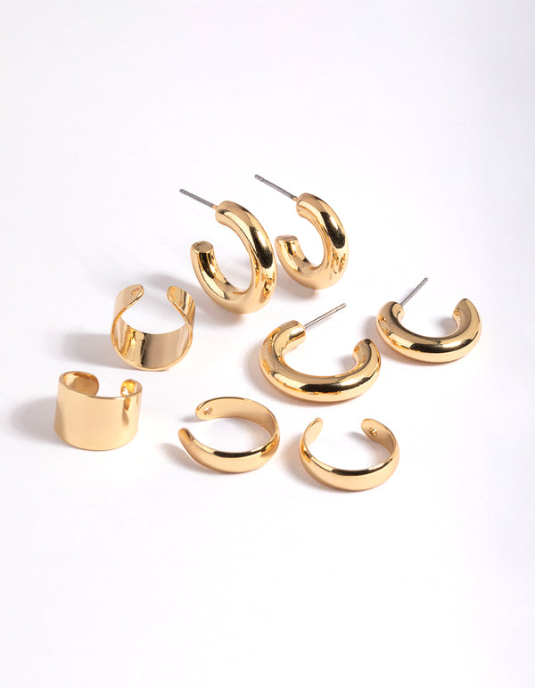 Gold Plated Cuff & Huggie Statement Earring Stack 4-Pack