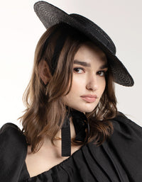 Black Ribbon Tie Braided Boater Hat - link has visual effect only