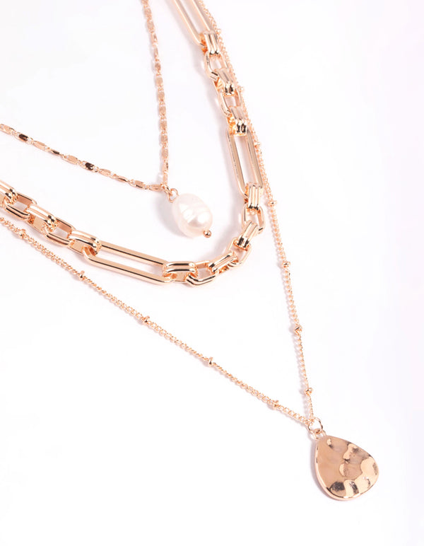 Rose Gold Multirow Pearl & Coin Necklace