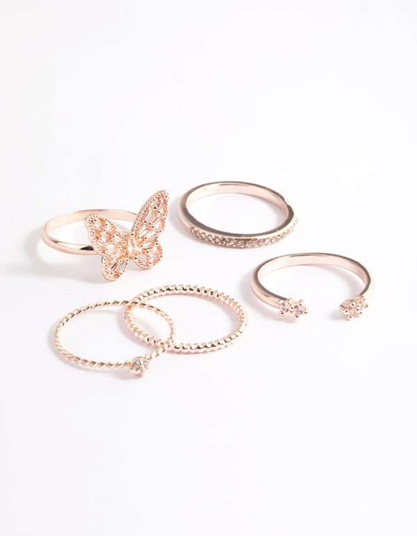 Rose Gold Filigree Butterfly Ring 5-Pack