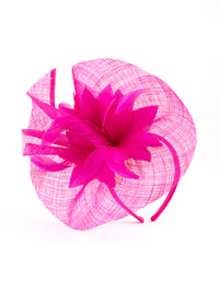 Hot Pink Satin Headband with Feathered Flowers - link has visual effect only