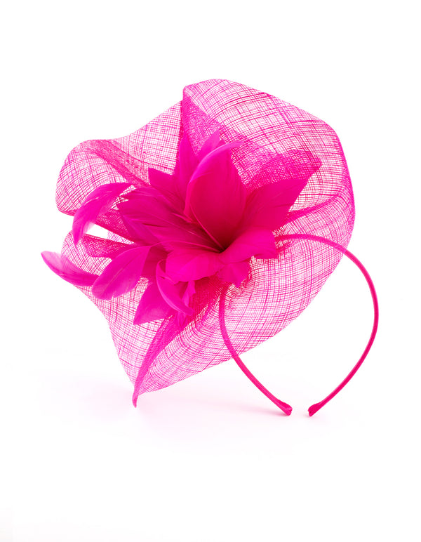 Hot Pink Satin Headband with Feathered Flowers