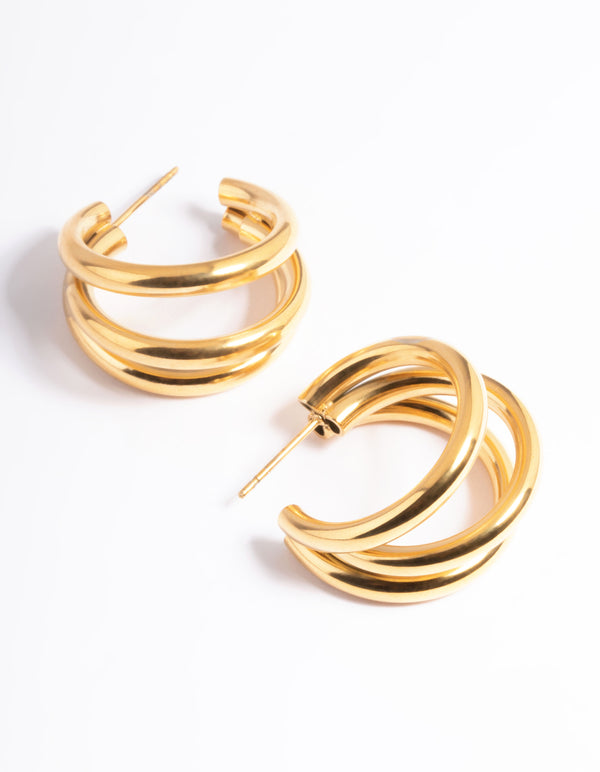 Waterproof Waterproof Gold Plated Stainless Steel Triple Hoop Earrings