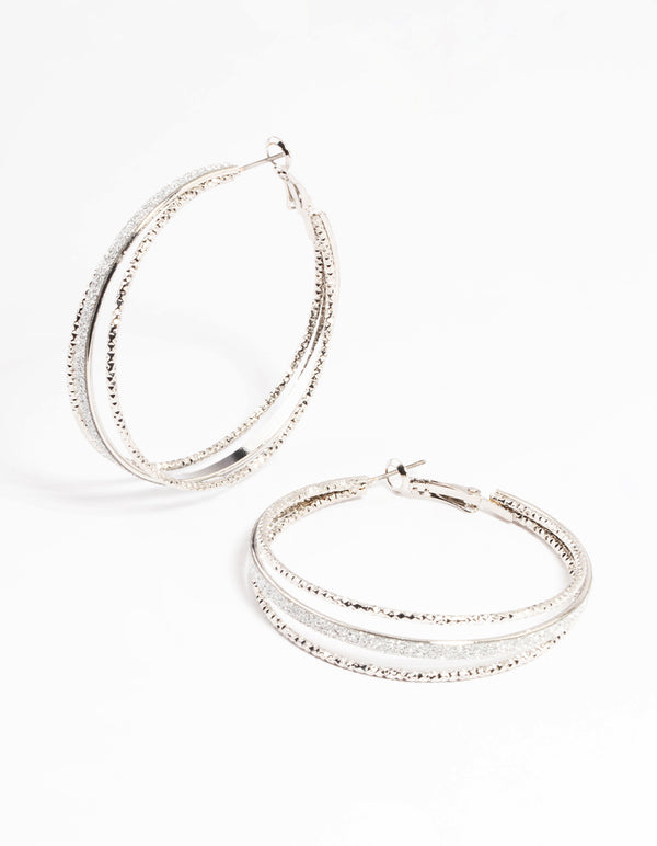 Rhodium Textured Split Glitter Hoop Earrings