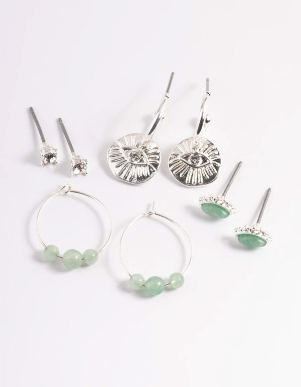 Silver Green Fluorite Evil Diamante Stick Earrings