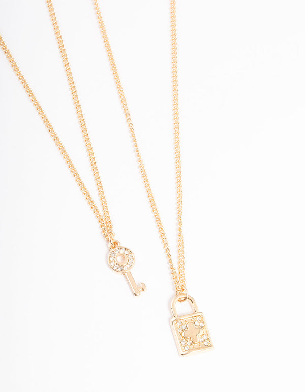 Gold Diamante Lock & Key Necklace Pack