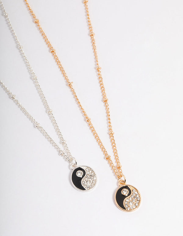 Mixed Metal Diamante Yin & Yang Necklace Pack