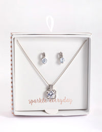 Silver Square Halo Necklace & Stud Earrings - link has visual effect only