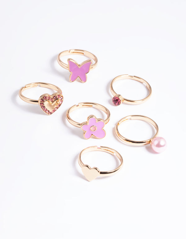 Kids Gold Daisy Diamante Heart Rings 6-Pack