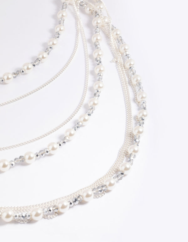 Silver Bead & Facet Multi-Row Long Necklace