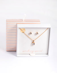 Gold Cubic Zirconia Solitaire Necklace & Stud Earrings - link has visual effect only