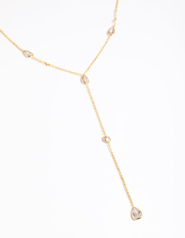 Gold Plated Cubic Zirconia Lariat Necklace